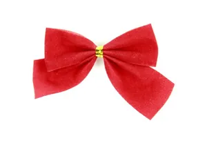 Close-up detail of a classic red Christmas tree bow with a shiny gold metallic tie