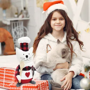 Handmade plaid chef cat plush doll used as a festive Christmas home decoration