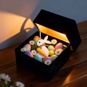 Close-up detail of felt Easter bunny ornament and colorful eggs in a lit velvet gift box