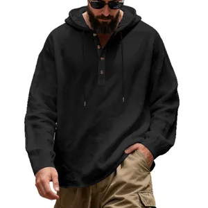 Locker sitzendes, atmungsaktives Kapuzenshirt für Herren aus Leinen mit Knopfleiste schwarz