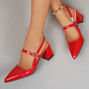 Elegant red pointed-toe block-heel pumps with adjustable ankle strap for chic women