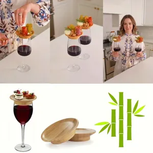 Natural bamboo wine glass toppers used as elegant appetizer plates for snacks and wine
