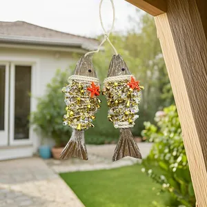 Decorative wooden fish hanging ornaments with beads and starfish for outdoor patio garden
