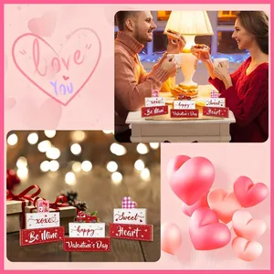 Valentine's Day wooden tabletop signs with romantic text in festive lifestyle setting