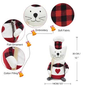 Detailed view of handmade chef cat plush doll with dimensions and material features