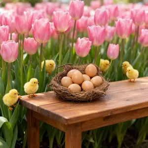 Detailopname van een Paaseierennest en pluizige kuikentjes in een tuin vol tulpen