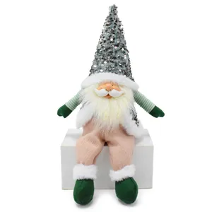 Poupée gnome de Noël faite main avec bonnet à paillettes argentées et visage en résine
