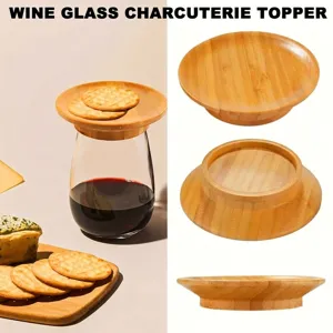 Bamboo wine glass charcuterie topper shown in use and from three product angles.