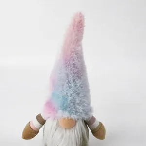 Nordic style plush gnome ornament with colorful tie-dye hat and long white beard