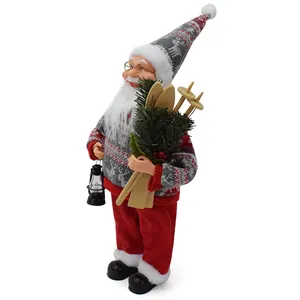 Detailed view of a classic Santa Claus figurine holding wooden skis and a black lantern.