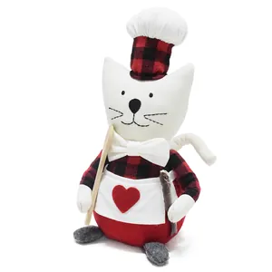 Handmade fabric chef cat doll ornament with red plaid hat and heart apron detail