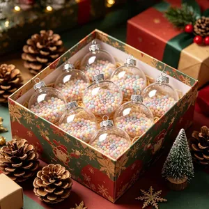 Set of clear Christmas baubles filled with colorful foam beads in a festive box