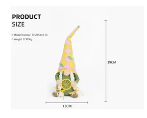 Product dimensions of summer lemon gnome plush ornament, 39cm height and 13cm width.