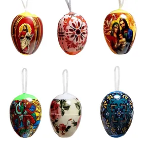 Set of six colorful Easter decorative hanging eggs with religious and floral patterns