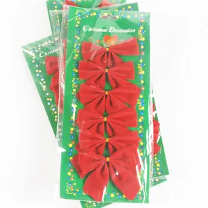 Pack of 6 red velvet Christmas bows with gold wire ties for holiday tree decorations