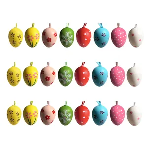 Set of 24 colorful 4cm painted Easter egg ornaments with hanging ribbons for party decor