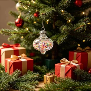 Close-up of a transparent teardrop Christmas ornament filled with colorful foam balls