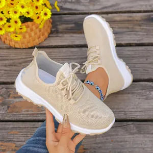 Breathable beige mesh walking shoes for elderly women with lightweight soft sole