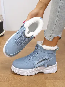 Blaue Damen-Winterstiefel hochgeschnitten mit warmem Kunstfellfutter und Schnürung