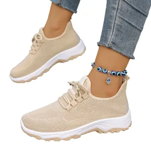 Lightweight beige mesh walking shoes for elderly with breathable hollow design