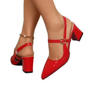 Elegant red patent leather pointed toe chunky heel sandals with adjustable ankle straps