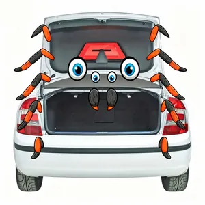 Detailed view of Halloween spider car trunk decoration stickers on a white vehicle