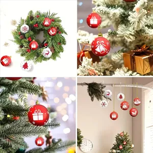 Close-up of 6cm red and white Christmas balls with festive patterns on holiday trees