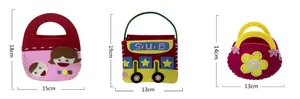 Detailed view showing dimensions of three colorful DIY cartoon felt bags for children