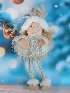 Muñeco de Navidad de peluche hecho a mano con reno, estrella de plata y piernas largas