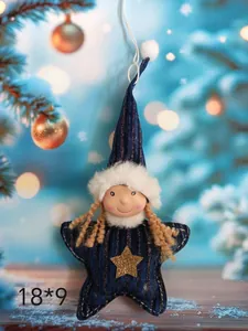 Detailed view of blue plush Christmas angel girl ornament with golden star and white fur trim