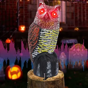 Realistic solar owl garden statue with red glowing eyes and sound for outdoor Halloween decor