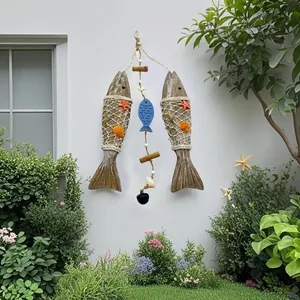 Handcrafted wooden fish hanging ornament with sea shells for outdoor garden decor