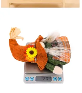 Close-up detail of a harvest festival gnome doll showing its 20.1g weight on a scale