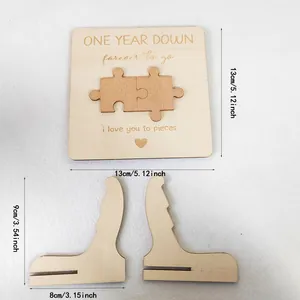 Detailed view of wooden anniversary puzzle plaque with dimensions 13cm by 13cm