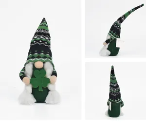 Three-angle views of a St. Patrick's Day gnome doll with lucky clover decoration.