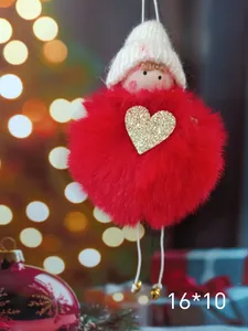 Exquisite Christmas angel plush doll pendant featuring red faux fur and gold glitter heart detail