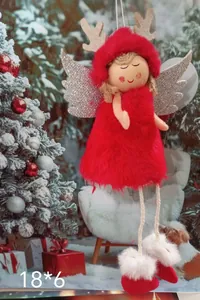 Plush Christmas angel ornament in red dress with silver wings and antlers, 18x6cm