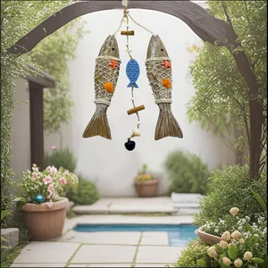 Mediterranean Wooden Fish Starfish Hanging Ornament Retro Beaded Outdoor Garden Patio Porch Wall Pendant Home Decor