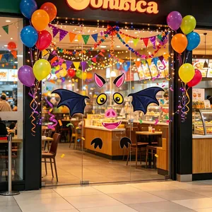 Halloween bat cartoon stickers applied to a glass store entrance with festive balloons