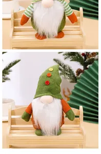 Detail view of handmade Christmas gnome doll standing on a miniature wooden bench