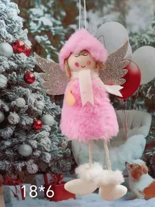 Close-up of a pink plush angel girl Christmas ornament with silver wings, size 18x6 cm