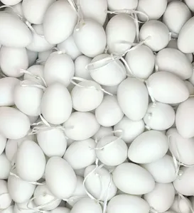 Detailed view of white blank DIY simulation eggs for Easter painting with ribbons