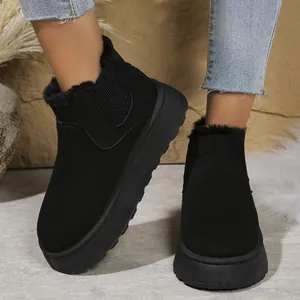Damen Wildlederimitat Warm Gefütterte Dicke Sohle Schneestiefel Runde Zehe Schlupfschuh Winter Plateau Baumwollstiefel Große Größe Freizeitfußbekleidung