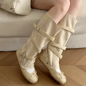Elegant beige 2-in-1 detachable ballet core style boots with feminine bow and buckles