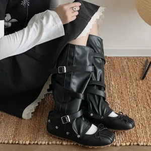 Chic 2-in-1 black detachable boots with ballet bows and buckle straps for women