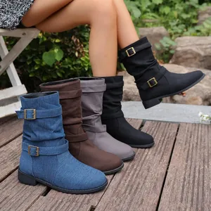 Modische Damen Denim-Stiefel mit doppelten Schnallenriemen in vier verschiedenen Farben