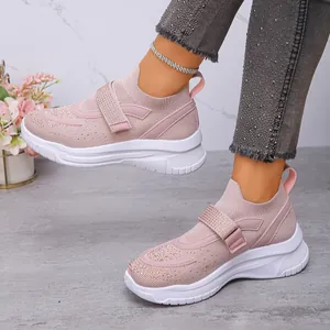 Dames Rhinestone Platform Sneakers Ademend Mesh Klittenband Sportief Casual Chunky Zool Hardloopschoenen Met Rubberen Zool