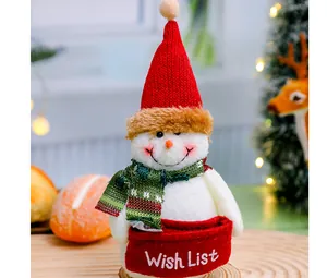 Plush snowman Christmas doll detail with a red knit hat and a Wish List basket.