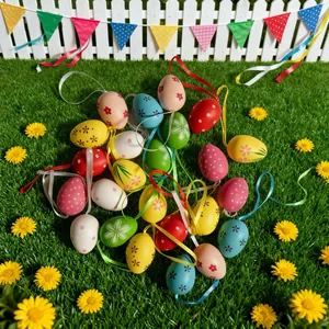 Detailed view of colorful 4cm painted plastic Easter egg ornaments on green grass