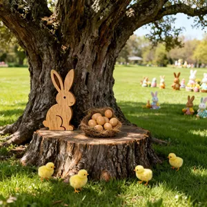 Easter decoration set featuring a wooden rabbit nest and lifelike artificial eggs